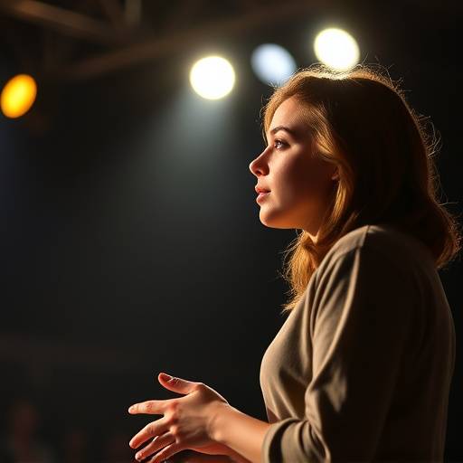 A student performing on stage during an acting fundamentals class, focusing on posture and expression