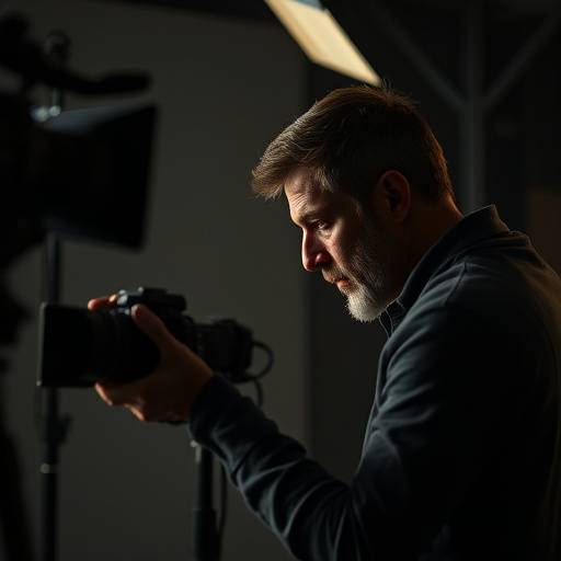 An actor deeply immersed in character, practicing method acting techniques in a studio setting with intense focus